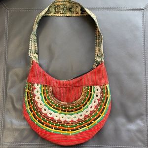 BOHO COTTAGE METALLIC STRIPE SHOULDER FESTIVAL BAG, RED MULTI